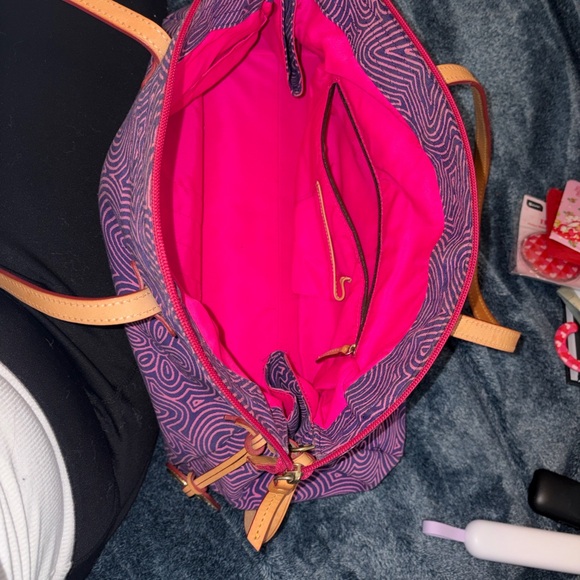 Dooney & Bourke Purple Floral Shoulder Bag with Tan Straps - Picture 4 of 5